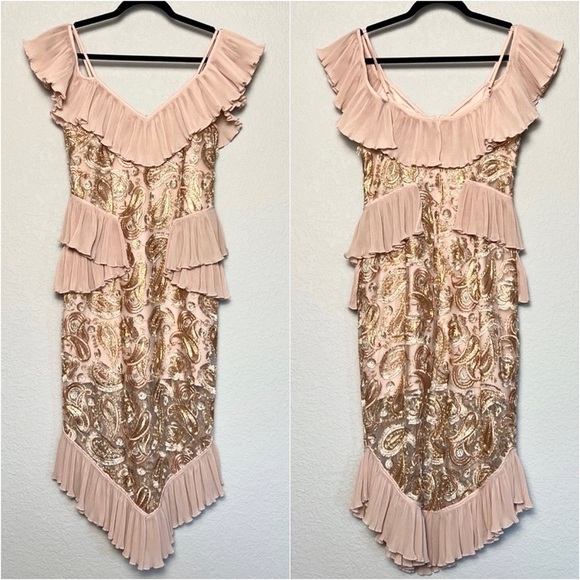 ALICE MCCALL 70s Off Shoulder Ruffle Metallic Paisley Embroidered Midi Dress 6 - Picture 12 of 16